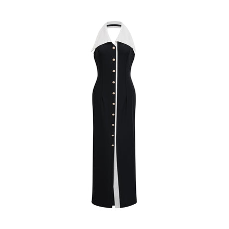 A formfitting maxi dress with colorblocking design featuring the name Alessandra