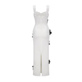 A fulllength white bandage dress with floral applique details named Olivia