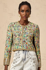 A goldtoned tweed jacket with a checked pattern and sequin embellishments