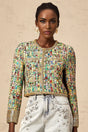A goldtoned tweed jacket with a checked pattern and sequin embellishments
