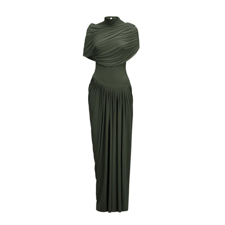 A green asymmetric maxi dress with pleated details and a long flowing skirt worn by a model standing against a plain background