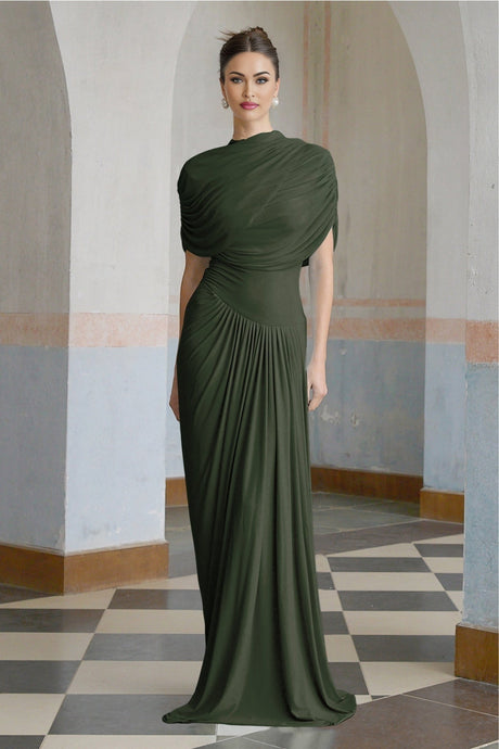 A green asymmetric pleated maxi dress with a flowing silhouette named Catherine