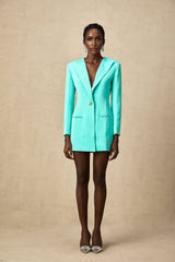 A green mini dress with a blazerstyle top and cinched waist detail Mya