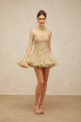 A green mini dress with flared skirt and embroidered details named Melodie