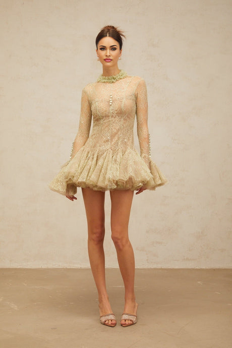 A green mini dress with flared skirt and embroidered details named Melodie