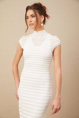 A horizontal striped midi dress with tulle fabric featuring a light and airy design The dress has alternating bands of color across its length creating a classic striped pattern The silhouette is feminine and falls to mid calf length