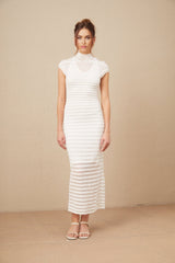 A horizontal striped tulle midi dress in the Josephine style featuring alternating bands of sheer and opaque fabric creating a feminine and elegant look