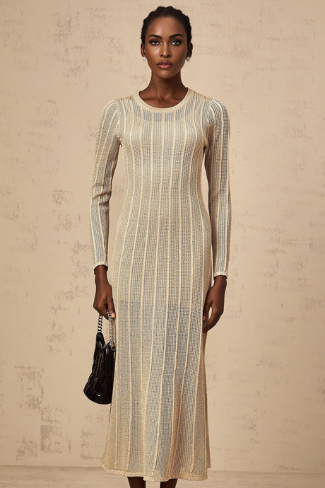 A khaki colored fitted knit midi dress on a mannequin or model showcasing its formfitting silhouette and midcalf length