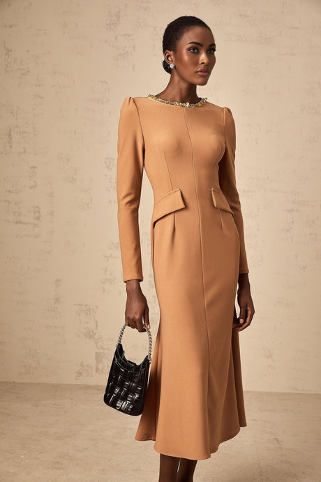 A khaki colored midi length dress with sequin embellishments named Doriane