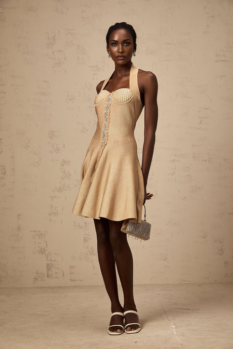 A khaki colored mini dress with a knitted texture and embellished details named Gabrielle