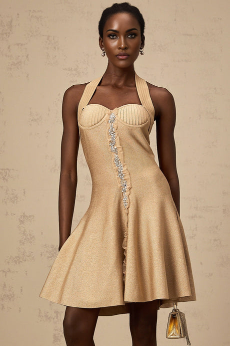 A khaki colored mini dress with a knitted texture featuring embellishments named Gabrielle