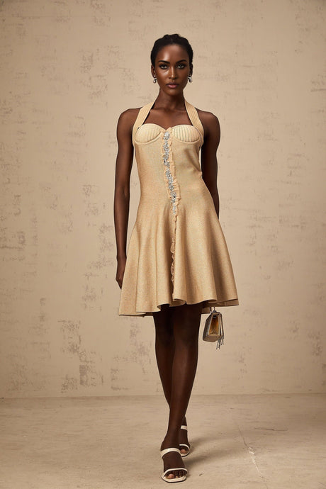 A khaki colored mini dress with knitted fabric and embellished details featuring a short length and likely named Gabrielle