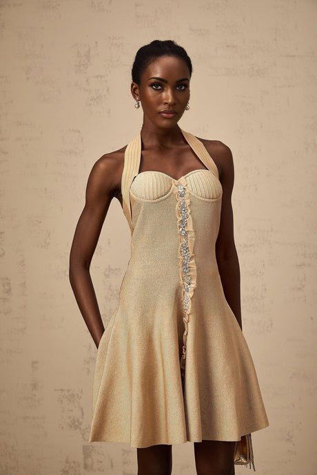 A khaki colored short knitted dress with embellishments named Gabrielle featuring a mini length design