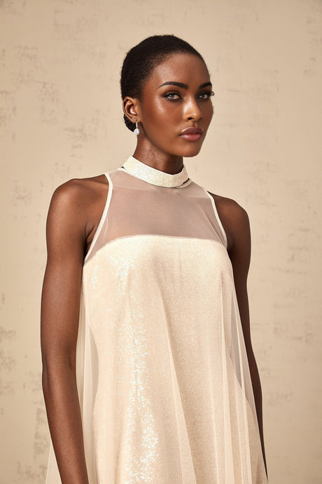 A layered midi dress with a tulle panel and sequin embellishments named Josette