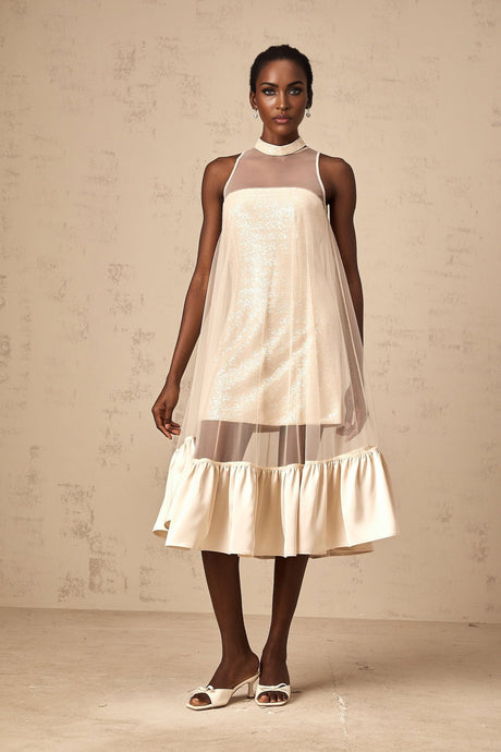 A layered midi dress with a tulle panel and sequin embellishments named Josette