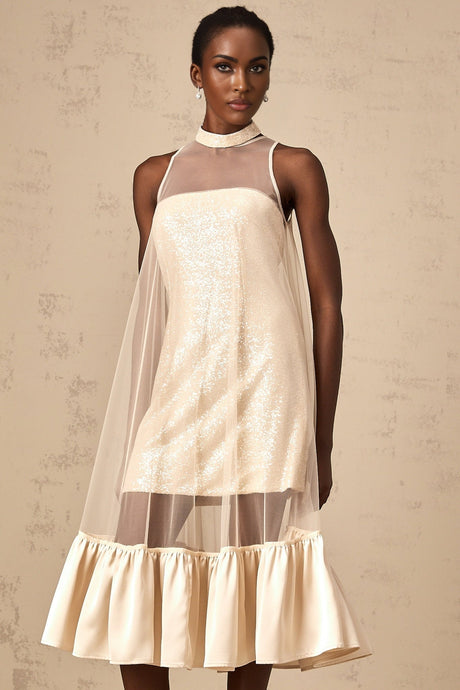 A layered midi dress with a tulle panel and sequin embellishments named Josette