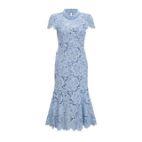 A light blue midi dress with delicate floral lace appliques covering the bodice and skirt creating an elegant and romantic silhouette