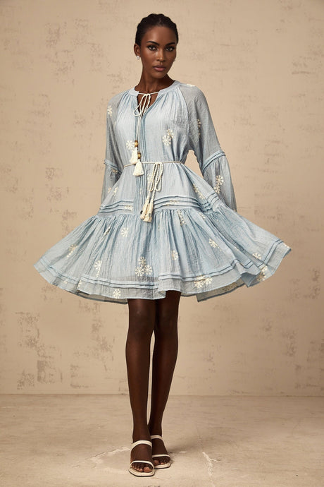 A light blue mini dress with delicate floral embroidery featuring a fitted waist and short sleeves