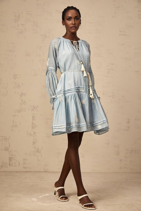 A light blue mini dress with delicate floral embroidery pattern covering the fabric featuring short sleeves and a flared skirt