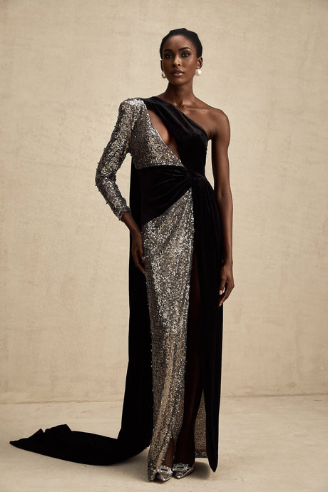 A long asymmetric maxi dress with sequin embellishments named Juliette featuring a sleek silhouette and sparkling details
