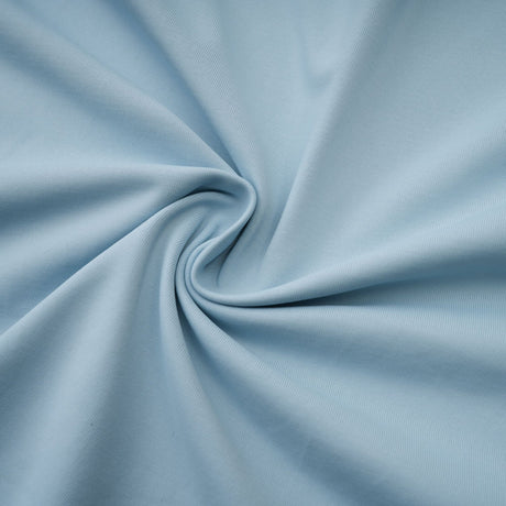 A long baby blue maxi dress with an asymmetric neckline and pleated skirt flowing to the floor