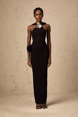 A long black hooded maxi dress with floral applique details named Axelle
