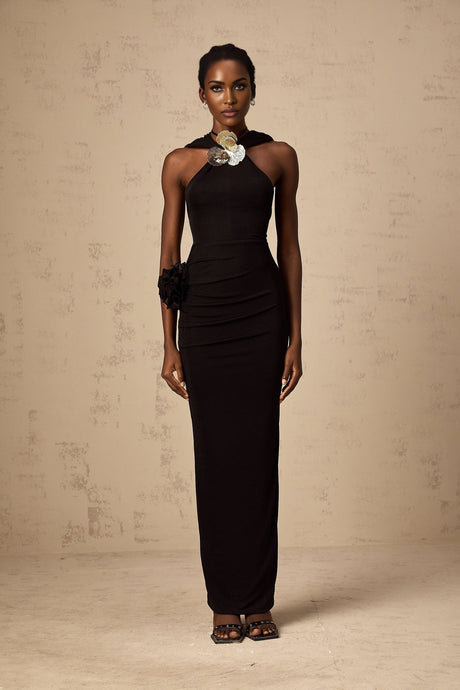 A long black hooded maxi dress with floral applique details named Axelle