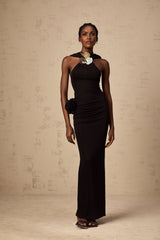 A long black hooded maxi dress with floral applique details named Axelle