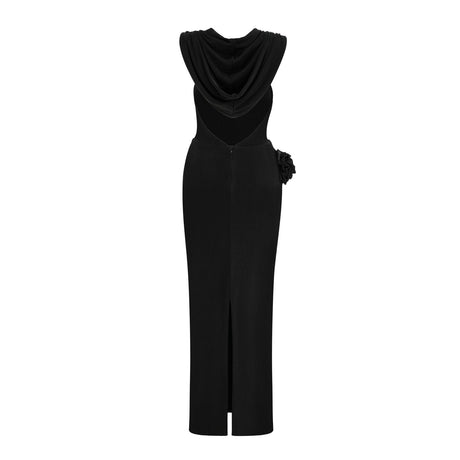 A long black hooded maxi dress with floral applique details named Axelle