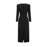 A long black maxi dress adorned with sparkling crystal embellishments elegant evening gown with a sleek silhouette