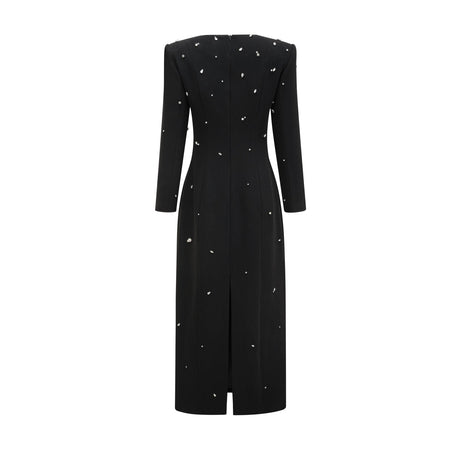 A long black maxi dress adorned with sparkling crystal embellishments elegant evening gown with a sleek silhouette