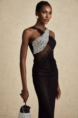 A long black maxi dress with a crossover front and crystal embellishments