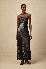 A long black maxi dress with faux leather material and lace panel details