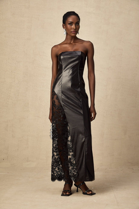 A long black maxi dress with faux leather material and lace panel details