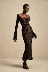 A long black maxi dress with flared skirt and lace detailing named Marlene