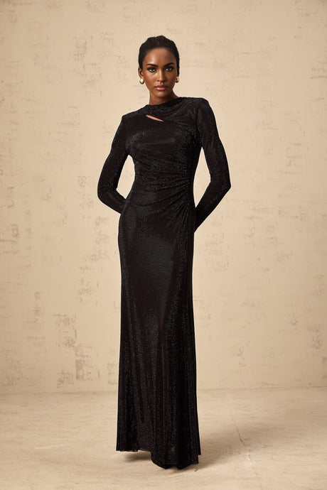 A long black maxi dress with ruched mesh fabric and rhinestone embellishments