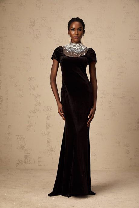 A long black velvet maxi dress with faux pearl embellishments named Kristin