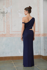 A long blue maxi dress with cut out details and rhinestone embellishments