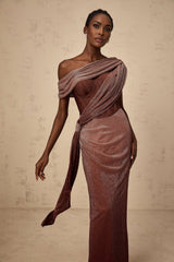 A long brown maxi dress with a corset bodice featuring a ribbon design detail named Delphine