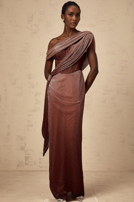 A long brown maxi dress with a corset bodice featuring ribbon design details and a flowing skirt