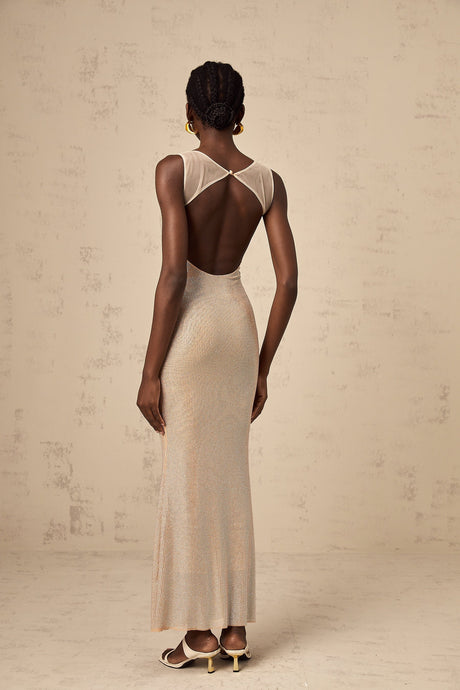 A long elegant maxi dress with crystal embellishments and an open back design featuring a flowy silhouette in a light color