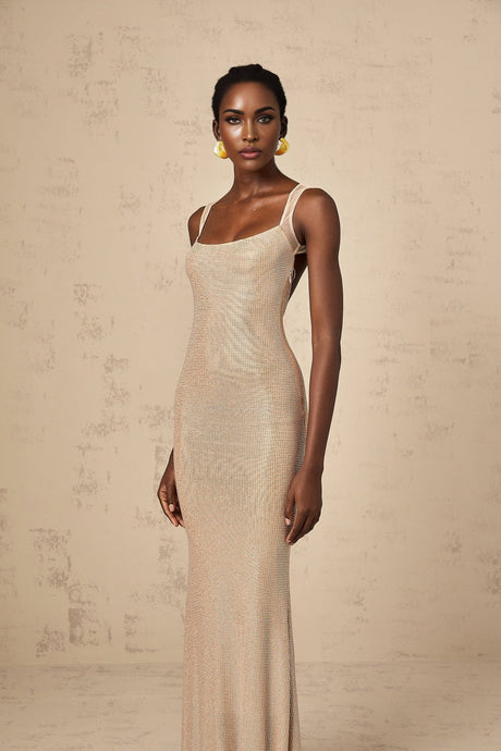 A long elegant maxi dress with crystal embellishments and an open back design