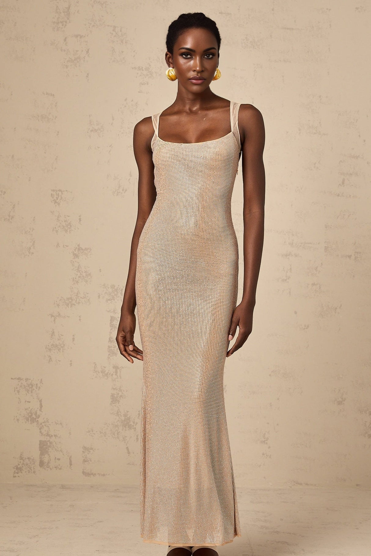 A long elegant maxi dress with crystal embellishments and an open back design