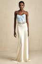 A long elegant maxi dress with lace trim details and panelled design in a flowing silhouette