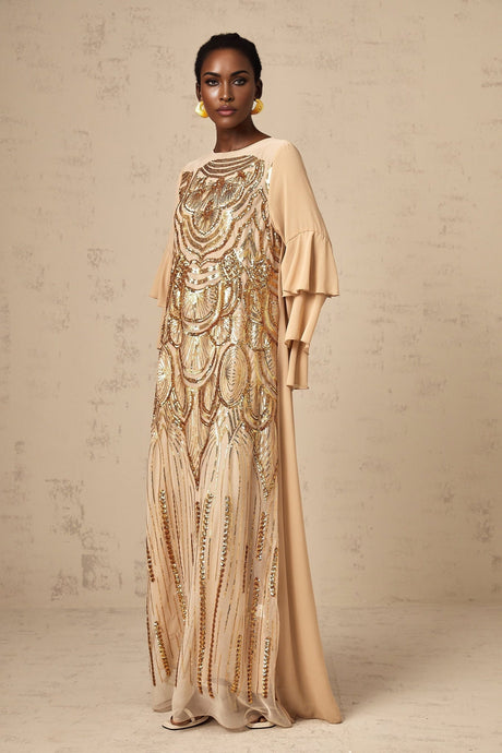 A long elegant tulle maxi dress with sequin embellishments and ruffle sleeves named Noemi