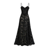 A long floral lace maxi dress with delicate patterns and a flowing silhouette in light pastel colors perfect for elegant occasions