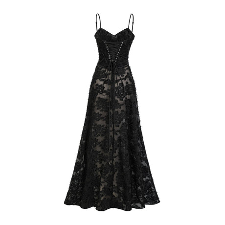 A long floral lace maxi dress with delicate patterns and a flowing silhouette in light pastel colors perfect for elegant occasions