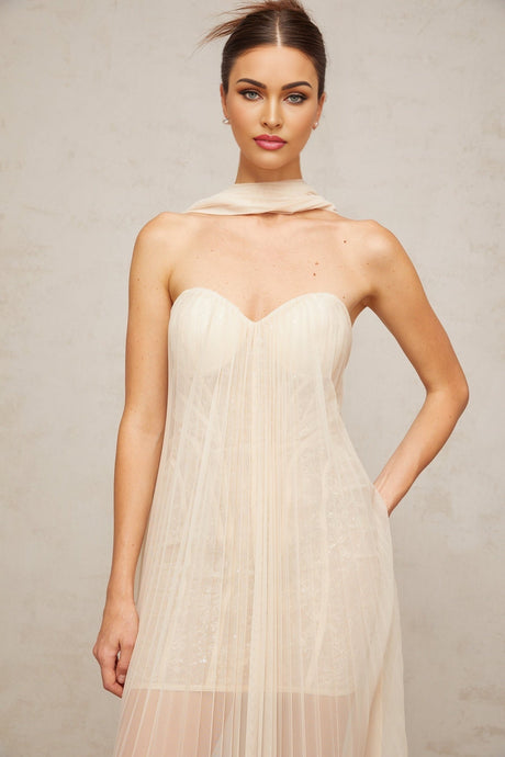 A long flowing maxi dress in neutral tones featuring a pleated tulle skirt and ribbon design details on the bodice