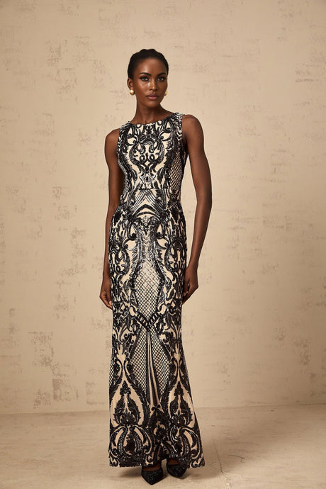 A long flowing maxi dress with sheer mesh fabric adorned with sparkling sequins creating an elegant and glamorous look