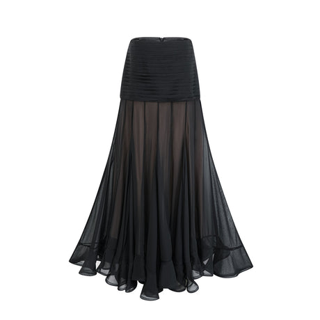 A long flowy maxi skirt with ruffle details and pleated tulle fabric in a soft rayon material
